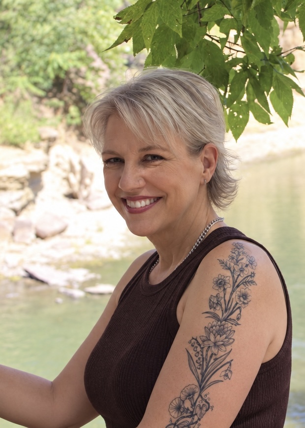 Kim Condon smiling beneath leafy branches beside the water