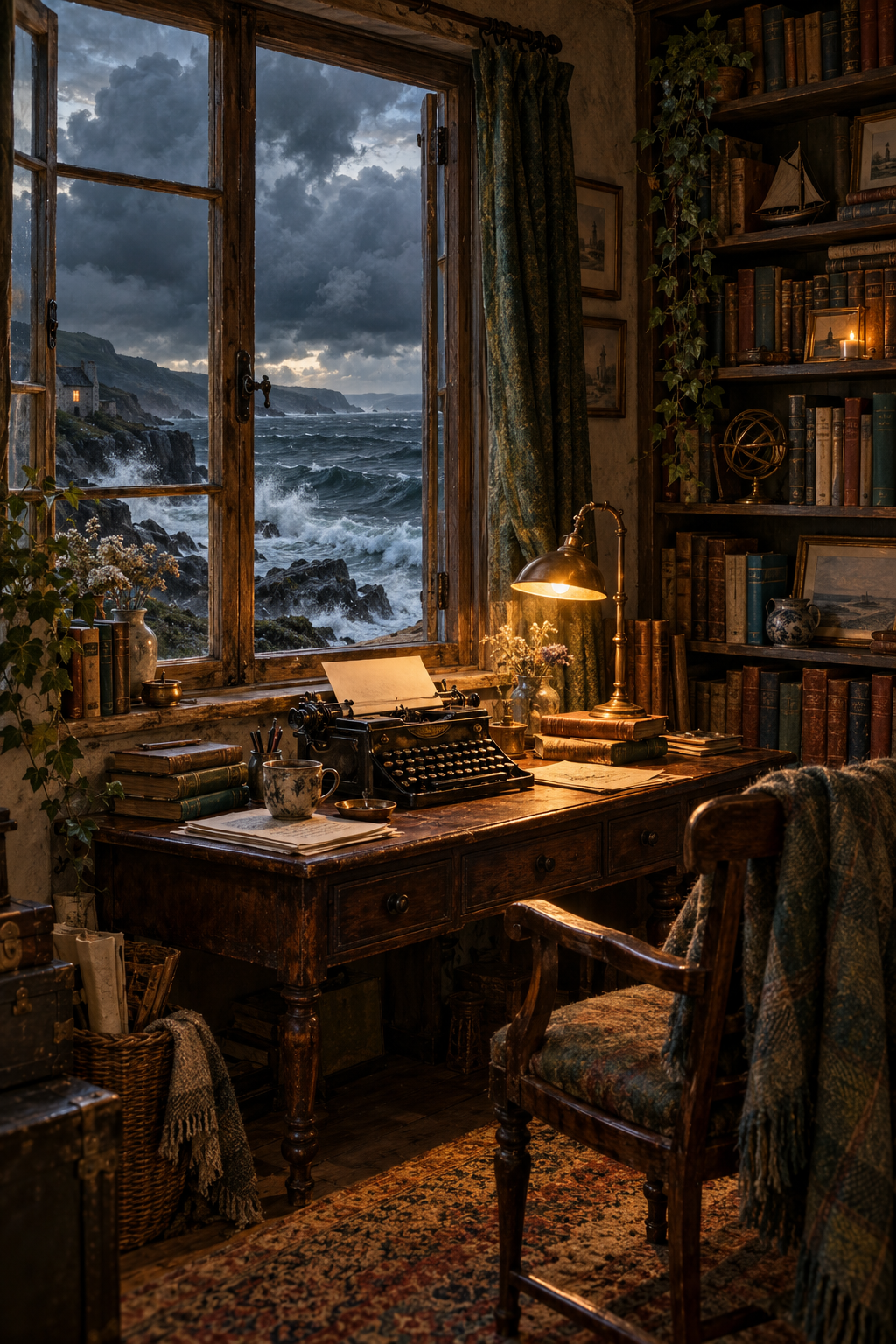 A cozy writer’s study with an antique typewriter, a lamplit wooden desk, and bookshelves overlooking a stormy sea